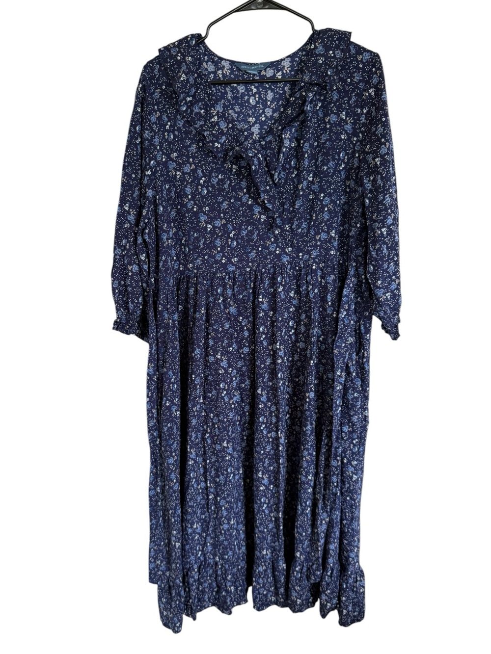 April Cornell Navy Blue Floral Ruffle Neck Midi Dress Boho Cottagecore